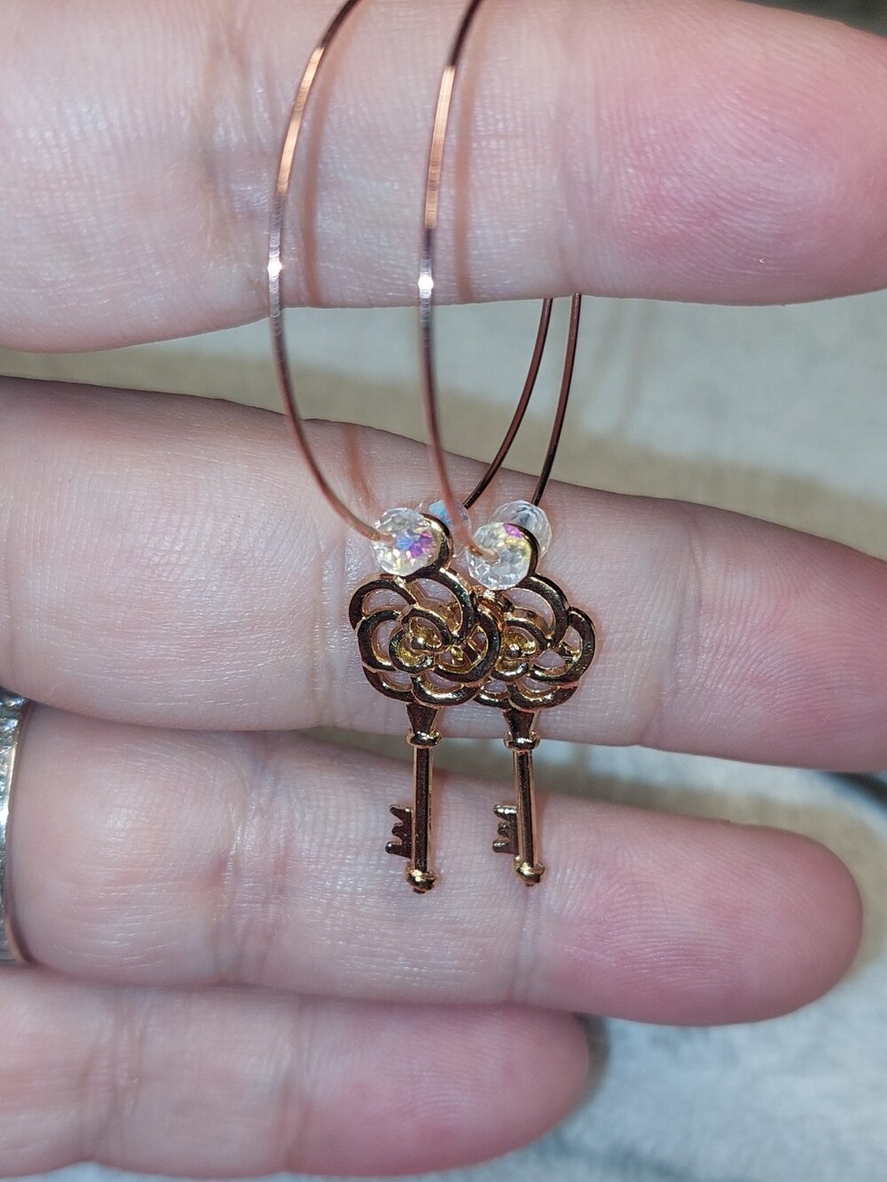 1 Inch Rose Gold Key & Rose Hoop Earrings - Elegant Floral Dangle